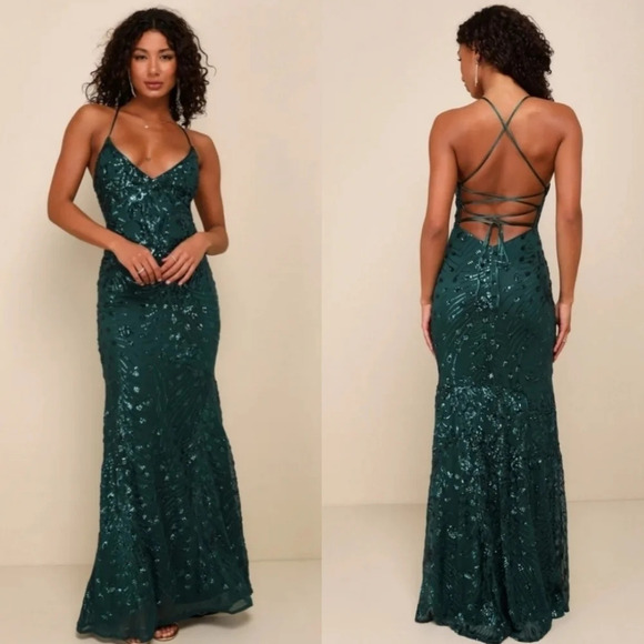 Lulus Photo Finish Forest Green Sequin Lace-Up Maxi Dress Wedding Party Prom - Picture 1 of 12